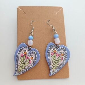 Fashion Jewelry Blue and Pink Floral Heart Earrings